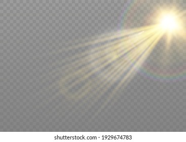 Vector transparent sunlight special lens flash light effect.front sun lens flash. Vector blur in the light of radiance. Element of decor. Horizontal stellar rays and searchlight.
