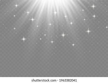 Vektortransparentes Sonnenlicht Sonderobjektiv Blitzlichteffekt.Frontlinse Blitz. Vektorunschärfe im Licht der Strahlung. Weißes Dekor. Horizontale Sternenstrahlen und Suchlicht.