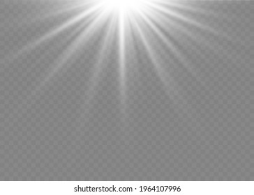 Vector transparent sunlight special lens flash light effect.front sun lens flash. Vector blur in the light of radiance. White element of decor. Horizontal stellar rays and searchlight.