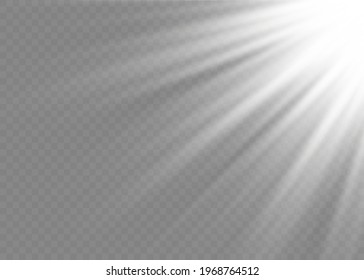 Efecto de luz de flash especial de lente de luz solar transparente.flash de lente solar frontal. El vector se desdibuja a la luz de la radiación. La decoración es blanca. Rayos estelares horizontales y luz reflectante.
