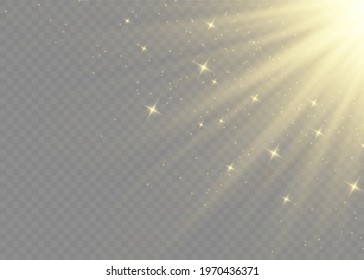 Vector transparent sunlight special lens flash light effect.front sun lens flash. Vector blur in the light of radiance. Element of decor. Horizontal stellar rays and searchlight.