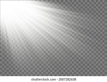 Vector transparent sunlight special lens flash light effect.front sun lens flash. Vector blur in the light of radiance. Element of decor. Horizontal stellar rays and searchlight.