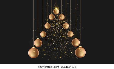 Vector transparent sunlight special lens flare light effect. Gold sparks burst, shimmering glow stream on a black background. christmas balls in the shape of a tree.