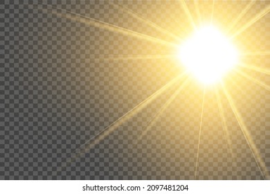 Vector transparent sunlight special lens flash light effect.front sun lens flash. Vector blur in the light of radiance. Element of decor. Horizontal stellar rays and searchlight.