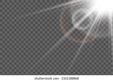 Efecto de luz de flash especial de lente de luz solar transparente.flash de lente solar frontal. El vector se desdibuja a la luz de la radiación. Elemento de decoración. Rayos estelares horizontales y luz reflectante.