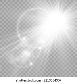 	
Efecto de la luz especial de la lente de la luz solar transparente del vector. Hermosa estrella brillante. Luz de los rayos.	