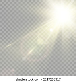 Efecto de la luz especial de la lente de la luz solar transparente del vector. Hermosa estrella brillante. Luz de los rayos.	