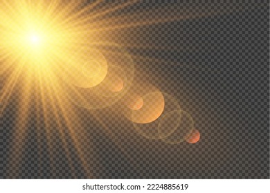 Vector transparent sunlight special lens flash light effect.front sun lens flash. Vector blur in the light of radiance. Element of decor. Horizontal stellar rays and searchlight.