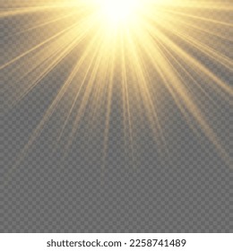 Vector transparent sunlight special lens flash light effect.front sun lens flash. Vector blur in the light of radiance. Element of decor. Horizontal stellar rays and searchlight.