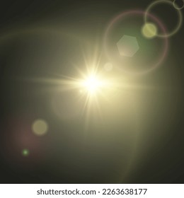 Efecto de la luz especial de la lente de la luz solar transparente del vector. Hermosa estrella brillante. Luz de los rayos.	