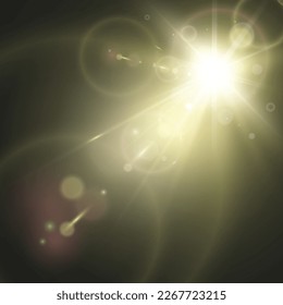 Vektortransparentes Sonnenlicht, spezieller Linsenflare-Lichteffekt. Heller schöner Stern. Licht von den Strahlen.	