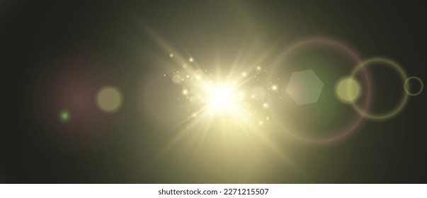 Efecto de la luz especial de la lente de la luz solar transparente del vector. Hermosa estrella brillante. Luz de los rayos.	
