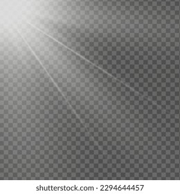 Vector transparent sunlight special lens flash light effect.front sun lens flash. Vector blur in the light of radiance. Element of decor. Horizontal stellar rays and searchlight.