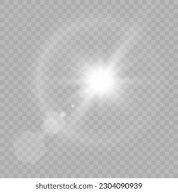 Vector transparent transparent sunlight special lens flare effect. sun glare on the front lens. Vector blur in bright light. Horizontal star beams and spotlight.