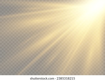 Vector transparent sunlight special lens flash light effect. Sun rays light isolated on transparent background for overlay design. Vector golden light with glare. Glare from flare png.