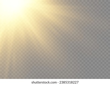 Vector transparent sunlight special lens flash light effect. Sun rays light isolated on transparent background for overlay design. Vector golden light with glare. Glare from flare png.