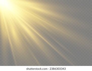 Vector transparent sunlight special lens flash light effect. Sun rays light isolated on transparent background for overlay design. Vector golden light with glare. Glare from flare png.