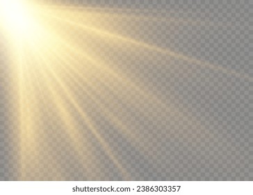 Vector transparent sunlight special lens flash light effect. Sun rays light isolated on transparent background for overlay design. Vector golden light with glare. Glare from flare png.