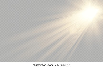 Efecto de la luz especial de la lente de la luz solar transparente del vector. Efecto de la luz de la lente. El sol brilla con rayos cálidos y foco. Estrella aislada irrumpió en el cielo.