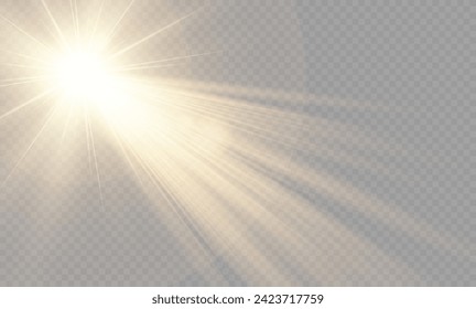 Vector transparent sunlight special lens flare light effect. Lens flare light effect. Sun flash with warm rays and spotlight. Isolated star burst in sky.