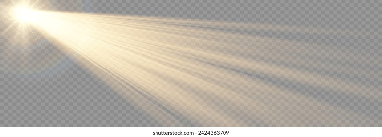 Vector transparent sunlight special lens flare light effect. Lens flare light effect. Sun flash with warm rays and spotlight. Isolated star burst in sky.