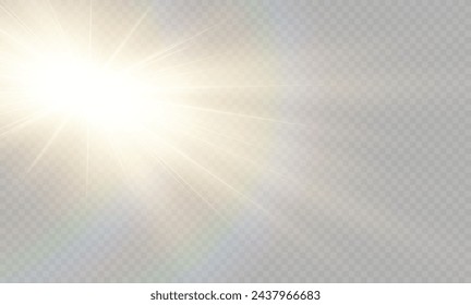 Efecto de luz de destello de lente especial de luz solar transparente vectorial. Efecto de luz de destello de lente. Destello solar con rayos cálidos y foco. Estrella aislada estallando en polvo del cielo