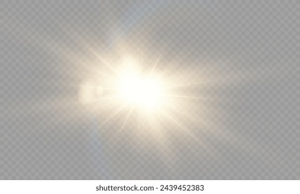 Efecto de luz de destello de lente especial de luz solar transparente vectorial. Efecto de luz de destello de lente. Destello solar con rayos cálidos y foco. Estrella aislada estallando en polvo del cielo