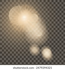 Vector transparent sunlight special lens flare light effect. Isolated sun flash rays spotlight. White front translucent sunlight background. Blur abstract glow glare decor element. Star burst.