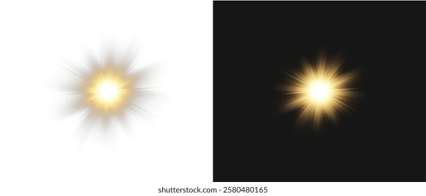Vector transparent sunlight with special lens flare effect. Light gold png. Yellow sun png. Light flash gold png. Summer season. Vector illustrator.