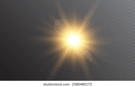 Vector transparent sunlight with special lens flare effect. Light gold png. Yellow sun png. Light flash gold png. Summer season. Vector illustrator.