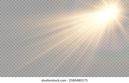 Vector transparent sunlight with special lens flare effect. Light gold png. Yellow sun png. Light flash gold png. Summer season. Vector illustrator.