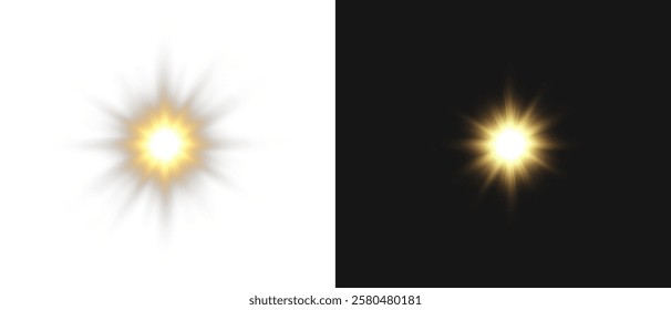 Vector transparent sunlight with special lens flare effect. Light gold png. Yellow sun png. Light flash gold png. Summer season. Vector illustrator.
