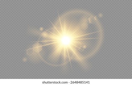 Luz solar transparente vetorial. Efeito especial de luz de clarão de lente isolado no fundo transparente. Raios de sol brilhantes para design.