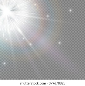 Vector transparent sunlight special lens flare light effect. Sun flash with rays and spotlight