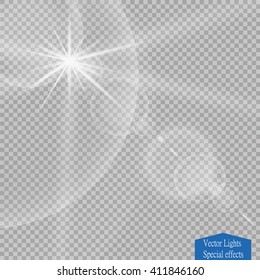Vector transparent sunlight special lens flare light effect. Sun flash with rays and spotlight