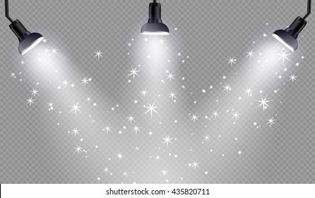 Vector transparent sunlight special lens flare effect. Spotlights with bright lights and stars on checkered background.