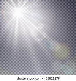 Vector transparent sunlight special lens flare light effect. Sun flash with rays and spotlight