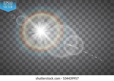Vector transparent sunlight special lens flare light effect. Sun flash with rays and spotlight

