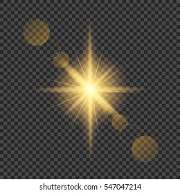 Vector transparent sunlight special lens flare light effect. golden Sun flash with rays and spotlight.