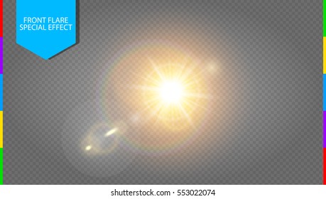 Vector transparent sunlight special lens flare light effect. Translucent sun flash with rays and spotlight. Golden warm spring or summer shine