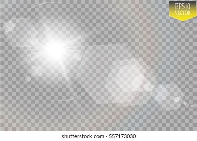 Vector transparent sunlight special lens flare light effect. Sun flash with rays and spotlight