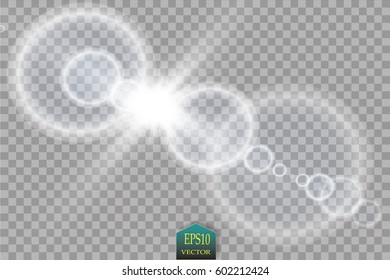 Vector transparent sunlight special lens flare light effect. Sun flash with rays and spotlight
