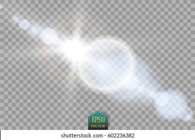 Vector transparent sunlight special lens flare light effect. Sun flash with rays and spotlight
