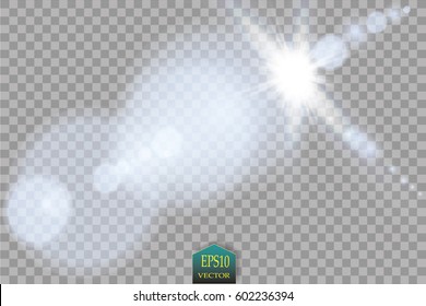 Vector transparent sunlight special lens flare light effect. Sun flash with rays and spotlight
