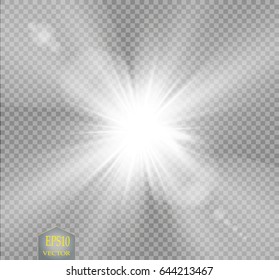 Vector transparent sunlight special lens flare light effect. Sun flash with rays and spotlight on transparent background
