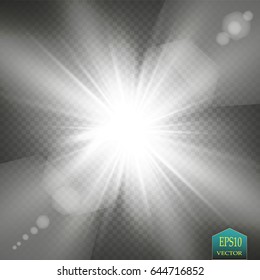 Vector transparent sunlight special lens flare light effect. Sun flash with rays and spotlight on transparent background
