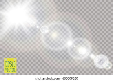 Vector transparent sunlight special lens flare light effect. Sun flash with rays and spotlight
