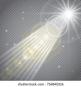 Vector transparent sunlight special lens flare light effect. Sun flash with rays and spotlight