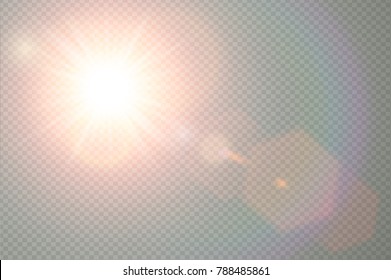 Vector transparent sunlight special lens flare light effect. Sun flash with warm rays and spotlight. Abstract translucent decor element design. Isolated star burst in sky