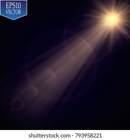 Vector transparent sunlight special lens flare light effect. Sun flash with rays and spotlight